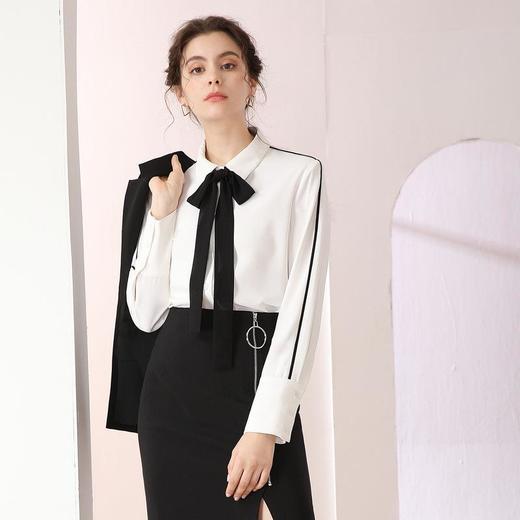 百姿 气质优雅POLO领纯色长袖衬衫2023年春季OL蝴蝶结开衫衬衣女装 商品图2