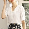 百姿 新款纯色直筒型泡泡袖雪纺衫娃娃领单排扣开衫短袖 商品缩略图0