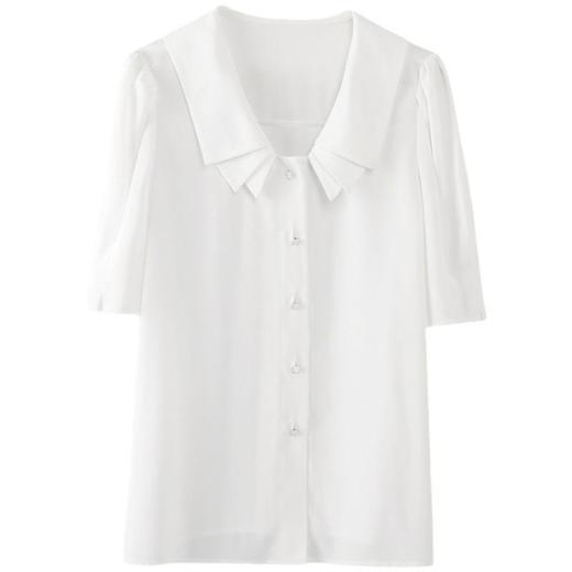 百姿 新款纯色直筒型泡泡袖雪纺衫娃娃领单排扣开衫短袖 商品图4