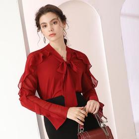 百姿 时尚V领衬衫2023春季新款荷叶边长袖名媛蝴蝶结长袖雪纺衫女
