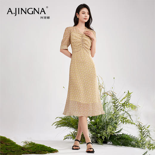 【积分兑换】阿菁娜春夏新款V领收腰碎花桑蚕丝法式连衣裙A28X112021 商品图3