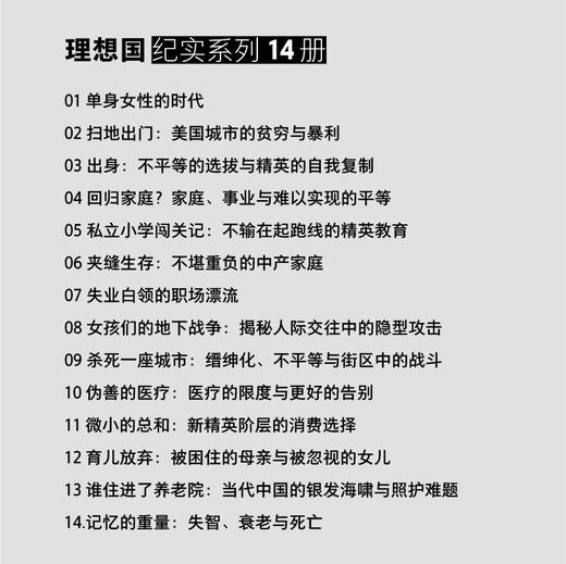 理想国纪实系列套装 共14本 看到聚光灯外的世界 记忆的重量 谁住进了养老院 女孩们的地下战争 扫地出门 商品图1