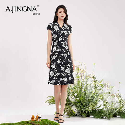 【商场同款】阿菁娜V领花卉印花优雅连衣裙A28X112098 商品图4