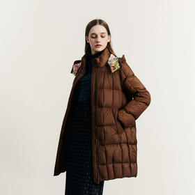 谜底中长款羽绒服女2023秋新款时尚花色拼接连帽面包服233MY1021