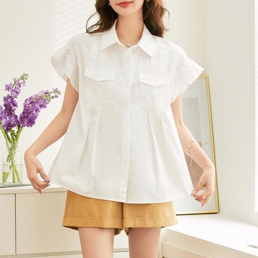 百姿 纯棉荷叶袖衬衫女2023夏季新款翻领百搭通勤短袖女式衬衫 商品图1