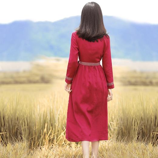 HM-S129秋季新款复古大气酒红色亚麻连衣裙长袖中国风系带棉麻A字裙长裙 商品图3