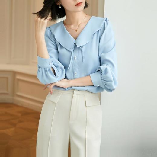 百姿 娃娃领衬衫女2023春季新款韩版气质时尚减龄小衫长袖衬衣 商品图3