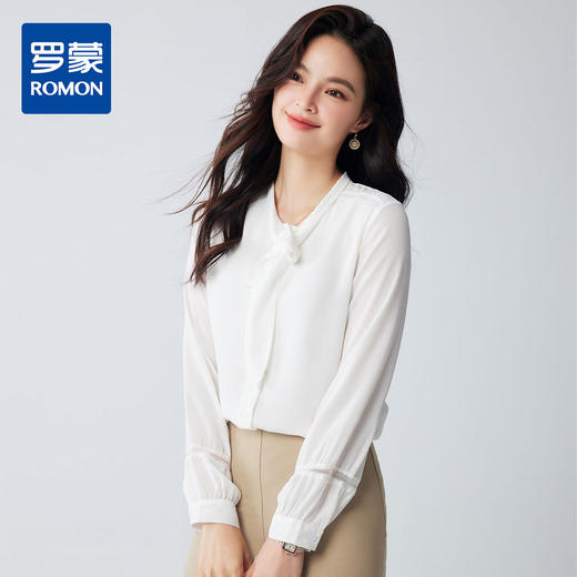 【气质飘带领】罗蒙女式长袖衬衫简约优雅百搭通勤时尚日常开衫衬衫女 商品图0