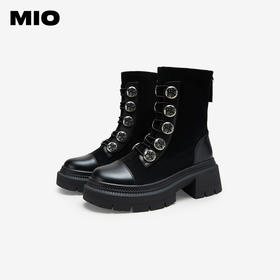 MIO米奥冬季圆头高跟中筒瘦瘦靴金属扣带酷感厚底马丁靴女M235632335