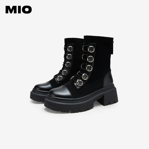 MIO米奥冬季圆头高跟中筒瘦瘦靴金属扣带酷感厚底马丁靴女M235632335 商品图0