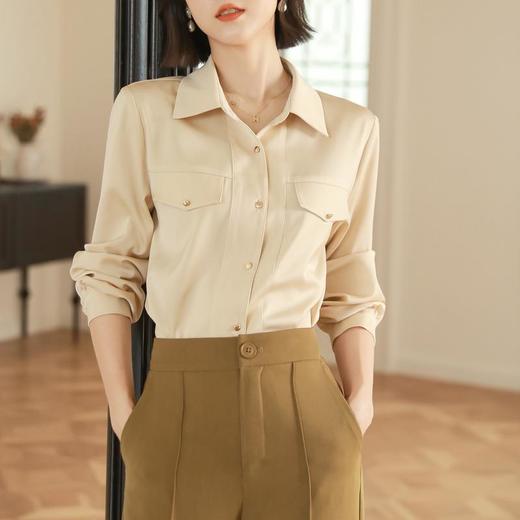百姿 职业衬衫女长袖2023秋季新款纯色开衫大口袋气质通勤衬衣 商品图1