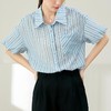 百姿 蓬蓬袖醋酸条纹衬衫女2023夏新款翻领通勤短袖衬衣231157 商品缩略图2