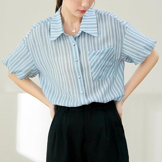 百姿 蓬蓬袖醋酸条纹衬衫女2023夏新款翻领通勤短袖衬衣231157 商品图2