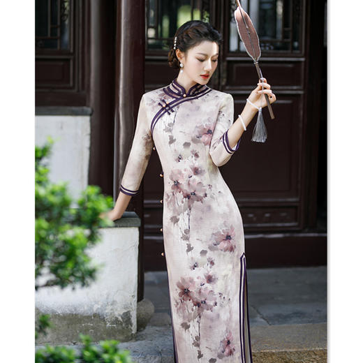 SYK100858 老上海复古民族风传统长款七分袖旗袍2023秋冬新款中老年女士旗袍 商品图2