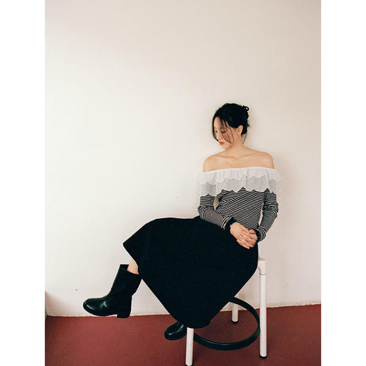 Even Vintage |个性时尚 原创一字肩花边领针织条纹上衣女长袖T恤 商品图3