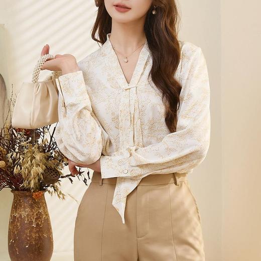 百姿 秋意微凉V领长袖衬衫女2023早秋新款优雅名媛领带衬衣231223 商品图2