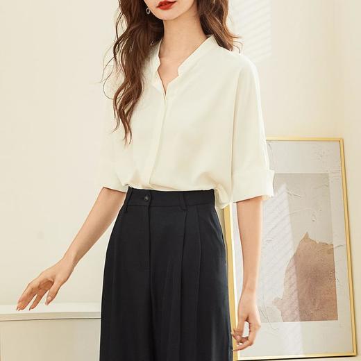 百姿 半开领衬衫女2023夏季新款韩版纯色直筒通勤五分袖开衫衬衣 商品图2