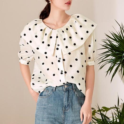百姿 波点娃娃领短袖衬衫2023夏季新款韩版甜美百搭翻晒女式小衫 商品图1