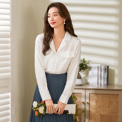 百姿 小西装领长袖衬衫2023春季新款纯色简约百搭大口袋职业衬衣 商品图2