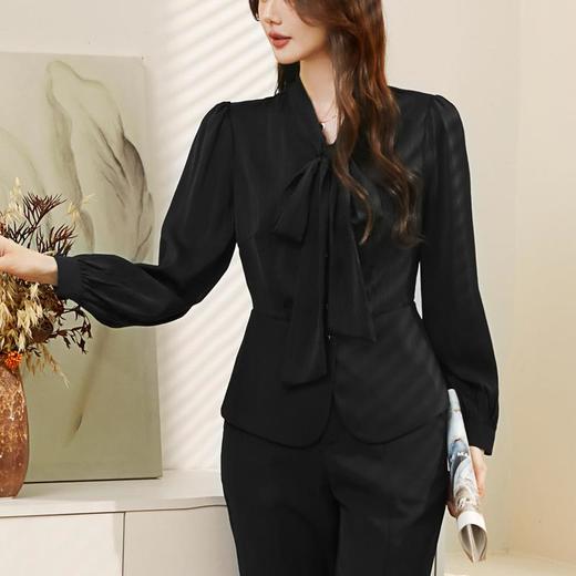 百姿 黑天鹅气质轻奢长袖衬衫2023秋季新款系带V领上衣女231228 商品图0