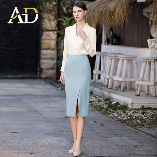AD职场轻熟风两件套女秋季新款杏色设计感长袖衬衫工衣包臀西装裙 商品图1