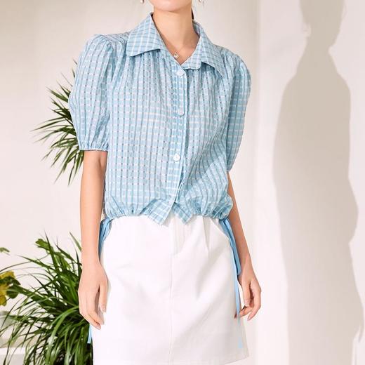 百姿 系带短袖衬衫女韩版透视网纱小众翻领衬衣女装 商品图1