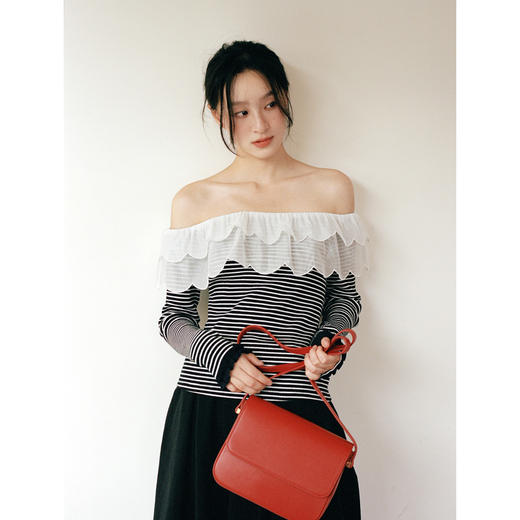 Even Vintage |个性时尚 原创一字肩花边领针织条纹上衣女长袖T恤 商品图1