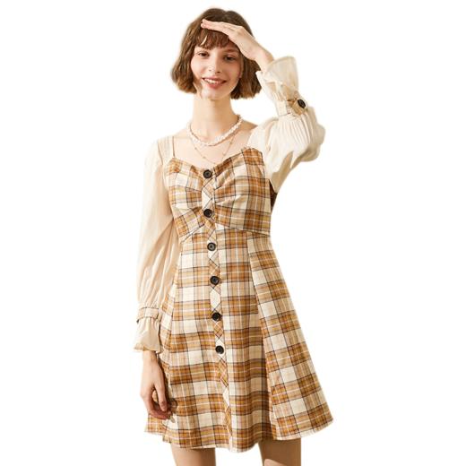 欧芮儿2019秋新品方领长袖格子连衣裙女中长款小个子拼接包臀裙 商品图3