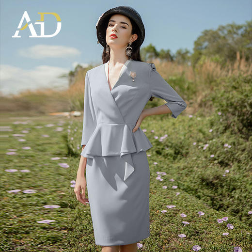 AD法式优雅v领连衣裙女职业装工作服蓝灰色美容院技师工装 商品图3