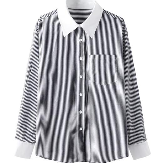 百姿 竖纹长袖衬衫2023秋季新款都市翻领单排扣纯棉直筒衬衣女 商品图4