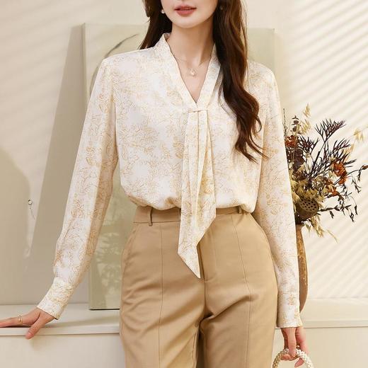 百姿 秋意微凉V领长袖衬衫女2023早秋新款优雅名媛领带衬衣231223 商品图3