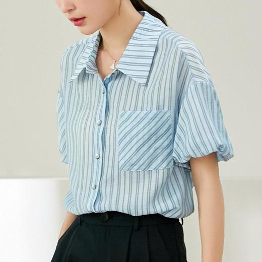 百姿 蓬蓬袖醋酸条纹衬衫女2023夏新款翻领通勤短袖衬衣231157 商品图1