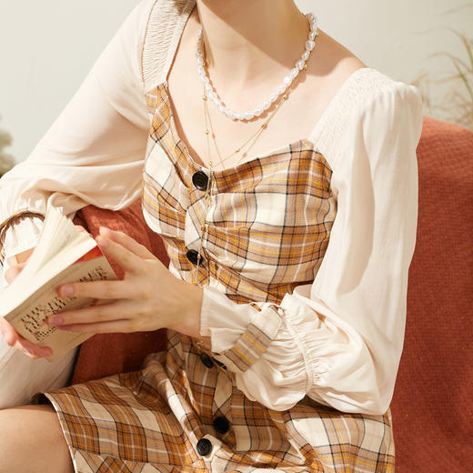 欧芮儿2019秋新品方领长袖格子连衣裙女中长款小个子拼接包臀裙 商品图2