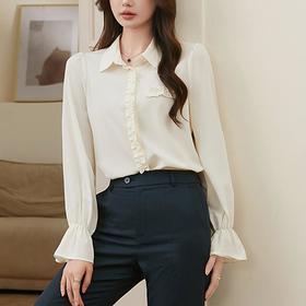 百姿 简约翻领喇叭袖衬衫2023秋季新款百搭甜美长袖雪纺衫231257