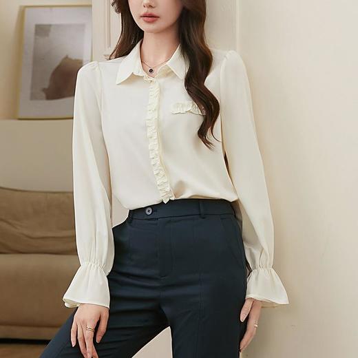百姿 简约翻领喇叭袖衬衫2023秋季新款百搭甜美长袖雪纺衫231257 商品图0