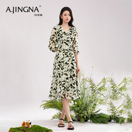 【积分兑换】阿菁娜时尚气质优雅V领桑蚕丝印花连衣裙A28X112092 商品图3