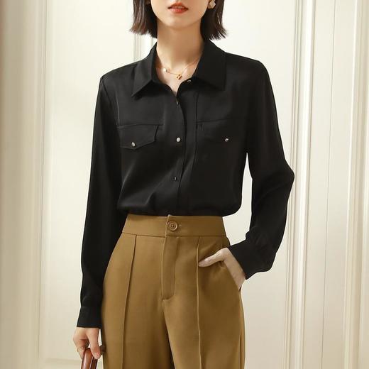 百姿 职业衬衫女长袖2023秋季新款纯色开衫大口袋气质通勤衬衣 商品图0