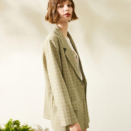 欧芮儿2019秋新品双排扣长袖牛油果绿小西装外套宽松格子女上衣 商品图1