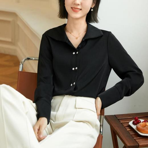 百姿 长袖衬衫女20022秋装新款气质纯色开衫翻领衬衫袖直筒上衣女 商品图3