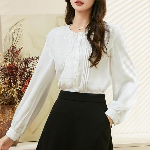 百姿 娃娃领减龄长袖衬衫2023秋季新款直筒纯色优雅上衣女231224 商品图2