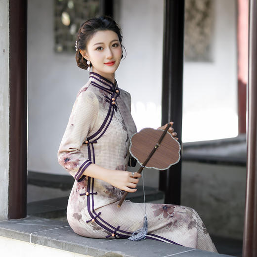 SYK100858 老上海复古民族风传统长款七分袖旗袍2023秋冬新款中老年女士旗袍 商品图3