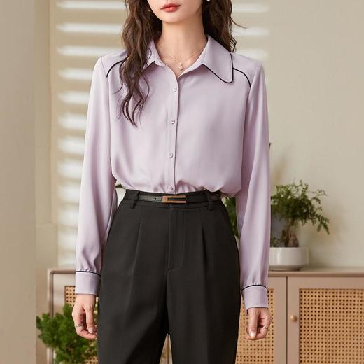 百姿 娃娃领长袖衬衫2023春季新款撞色直筒单排扣百搭雪纺衬衣女 商品图1