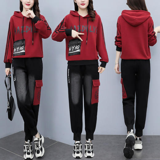 DD-时尚休闲套装女2023秋季新款印花字母连帽宽松上衣牛仔拼接两件套 商品图1