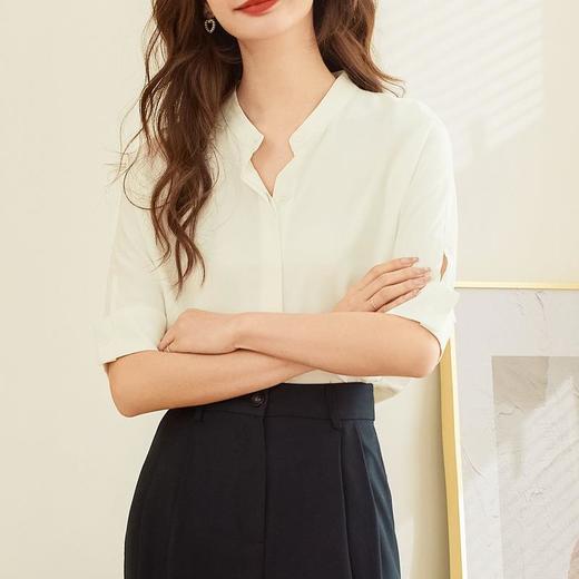百姿 半开领衬衫女2023夏季新款韩版纯色直筒通勤五分袖开衫衬衣 商品图1
