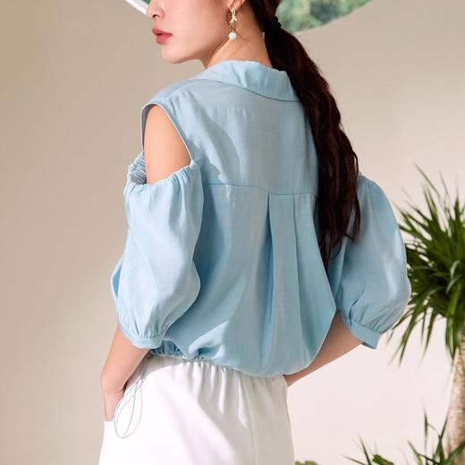 百姿 新款露肩灯笼袖衬衫翻领小众设计感短袖衬衣女装 商品图1