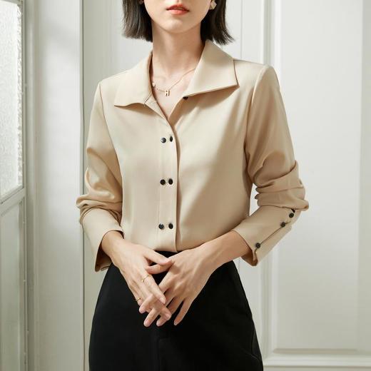 百姿 长袖衬衫女20022秋装新款气质纯色开衫翻领衬衫袖直筒上衣女 商品图0