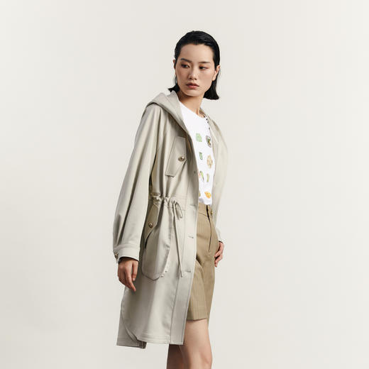 谜底连帽中长款风衣女2023秋季新款简约时尚单排扣外套233ME0961 商品图1