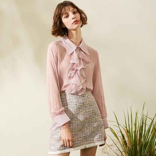 欧芮儿2019秋装新品两件套长袖粉色衬衫+小香风半身裙时尚套装 商品图0