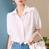 百姿 系带短袖衬衫女韩版透视网纱小众翻领衬衣女装 商品缩略图2