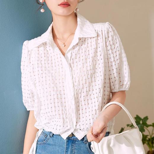 百姿 系带短袖衬衫女韩版透视网纱小众翻领衬衣女装 商品图2